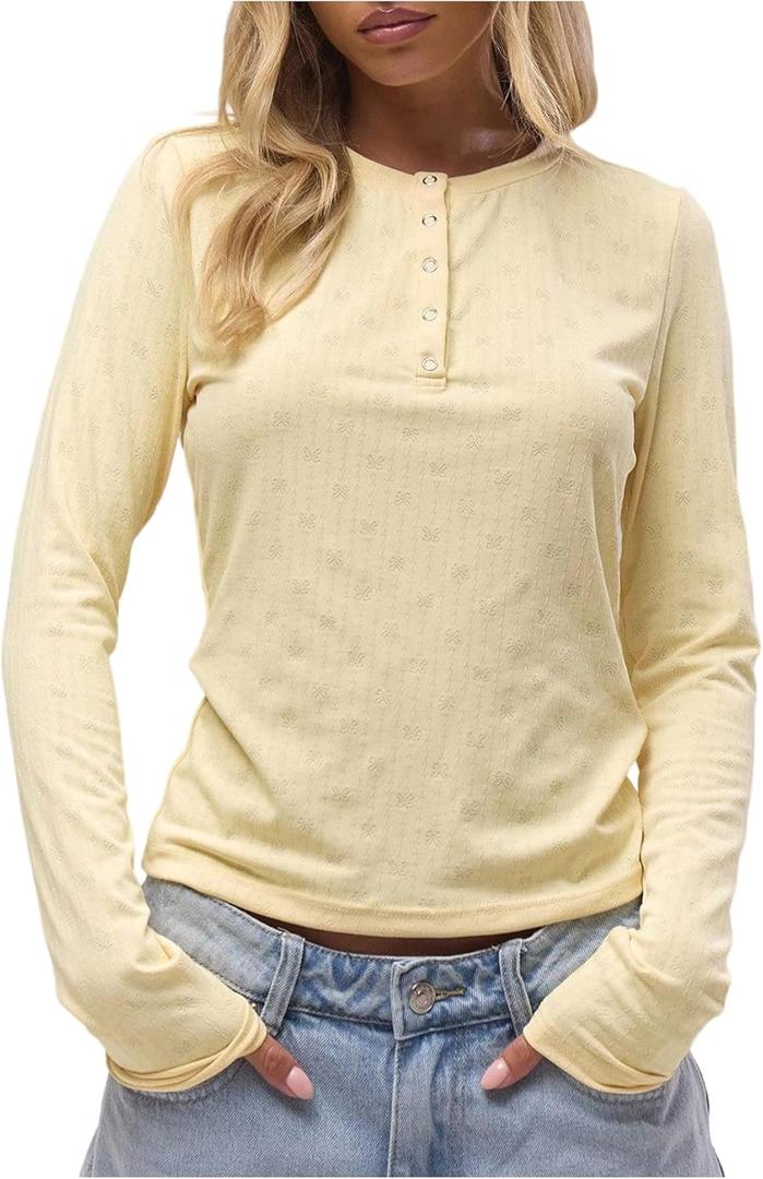 Women's Button Down T Shirts Crew Neck Long Sleeve Henley T Shirts Cute Tops (Yellow, L)