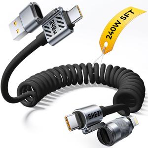 Coiled Black Cable 4-in-1 USB C Cable 240W Compatible with Lightning Cable Fast Charging & Data Transfer, Support to CarPlay & Android Auto, 5FT Multi Cord Combo Charger for iPhone/iPad