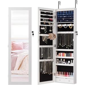 DUMOS 6 LEDs Mirror Jewelry Cabinet, Wall or Door Mounted Jewelry Organizer, 47.2-Inch Tall Lockable Large Capacity Cosmetic Storage, Gift Idea (White)