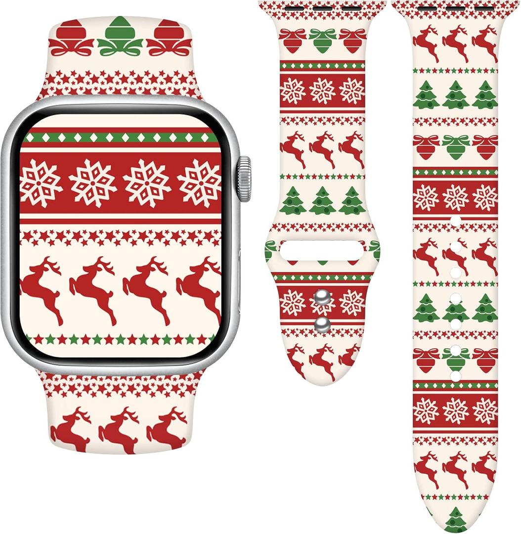 Holidays Watch Band Compatible with Apple Watch Series 11 10 9 8 7 6 5 4 3 Ultra SE for Women Men, Soft Silicone Pumpkin Strap Replacement for iWatch 38mm 40mm 41mm 42mm 44mm 45mm 46mm 49mm (Christmas Tree / Reindeer)