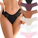 Seamless Underwear women Pack Thongs for Women No show Sexy Breathable Panties Ladies Lace Thong 6 Packs XS-XL (Medium, Black/Purple/Caramel/Complexion/White/Pink)