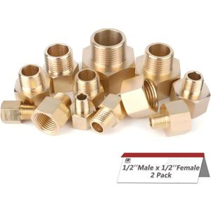 Hex Couplings, 1/2" x 1/2" NPT Male To Female Brass Hex Nipple Adapters, Brass Pipe Extension Fittings for Oil/Air/Water/Gas Systems. (2 Pack)