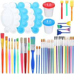 60Pcs Kids Painting Brushes Set, Painting Tools Set with Paint Cups, Lids Paint Palettes, All Purpose Multi Sizes Oil Watercolor Paints Brushes Supplies Bulk for Kids Children