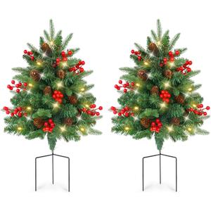 XmasExp Set of 2 Outdoor Christmas Tree with Lights Small Planter Bushes Battery Operated Artifical Urn Filler Outside Christmas Decorations for Front Porch,Yard,Pathway (Dark Green)