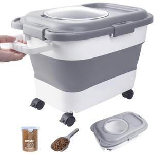 15-23 Lbs Dog Food Storage Container, Collapsible Dog Food Container with Airtight Lid, Wheels, Handle, Large Cat Food Storage Container with Scoop, Dog Bowl for Dog Cat