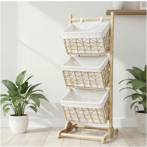 3 tier basket stand wicker storage basket, floor-standing basket organizer rack, Multipurpose Rattan Rack for Bedroom Living Room Kitchen, Holds Clothes Toys Books fruit, Bohemian Home Decor