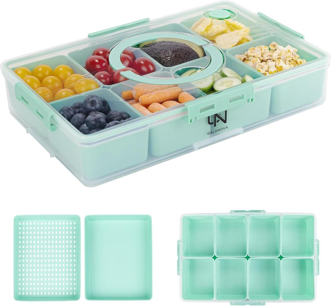Snackle Box Container - 10 Compartments Including 2 XL, Dishwasher & Microwave Safe, Divided Serving Tray with Lid and Handle, BPA-Free, snack box (1 PCS, Green, 1 Box with 2 XL Compartments)