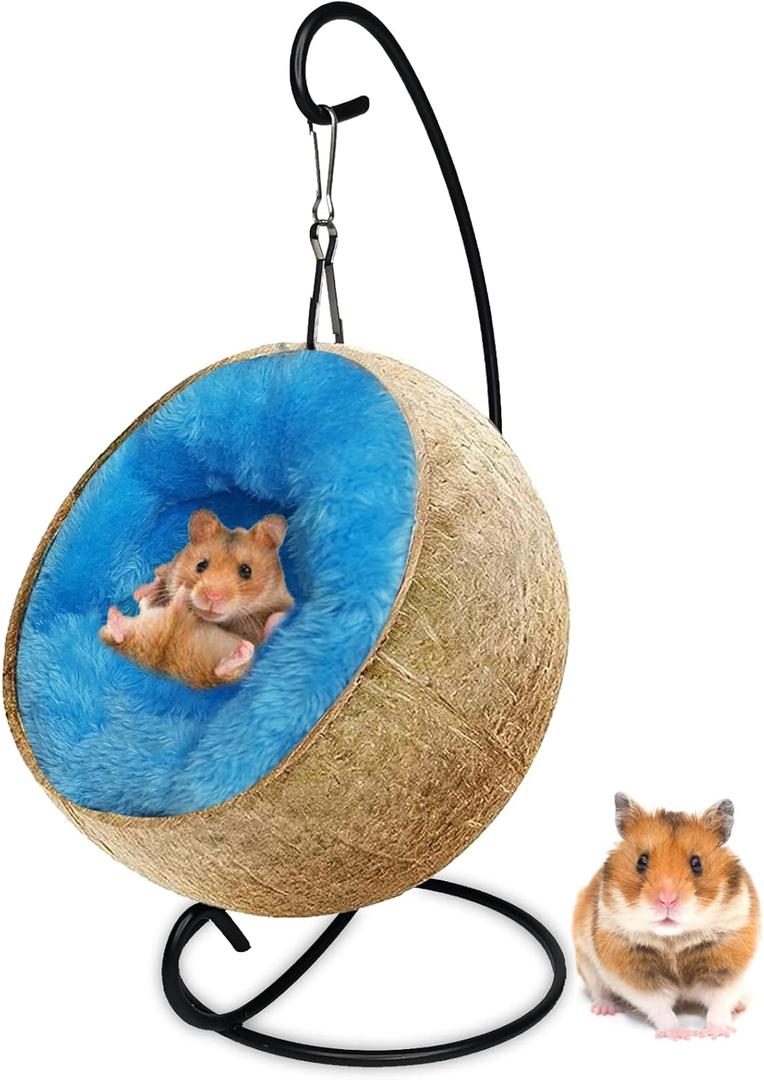 Fhiny Coconut Hamster Hideout Hammock, Natural Raw Coco Husk Bed House with Warm Pad Small Animal Habitat Decor Hanging Coconut Shell Cage Accessories for Dwarf Hamster Gerbil Sugar Glider Mice