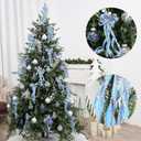 SY Super Bang 8 Pcs Lake Blue/Sliver Velvet Christmas Bows for Christmas Tree Decorations Door Wreath Garland Bow Ornaments, for Gift Wrapping Wedding Home Holiday Party Decor.