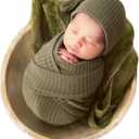 Zeroest Newborn Baby Photography Props Wrap Hat Newborn Wraps for Infant Boys Girls Photoshoot Photo Posing Stretch Blanket (General Green)