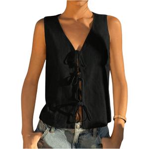 Verdusa Women's Linen Clothes Tie Front Tops Going Out Top Trendy Sleeveless Vest Shirts (Large, Black)