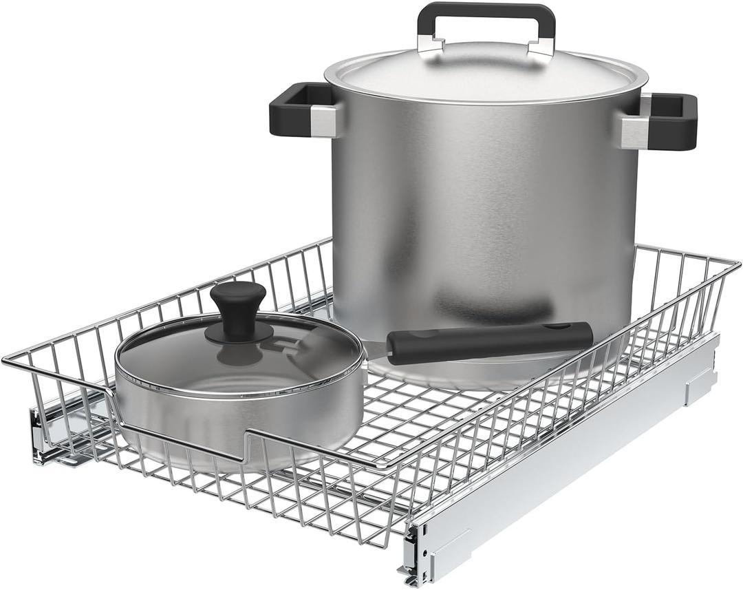 Pull Out Cabinet Organizer, 14W x 21D - Requires At Least 15 Cabinet Opening, Heavy Duty Metal Wire Cabinet Drawers Slide Out For Kitchen, Bathroom, Chrome (single tie)