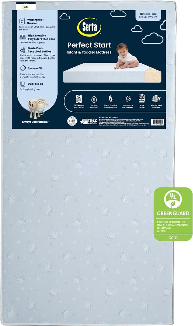 Serta Perfect Start Dual Sided Baby Crib Mattress & Toddler Mattress - Waterproof - 6" Premium Sustainably Sourced Fiber Core - GREENGUARD Gold - Made in USA