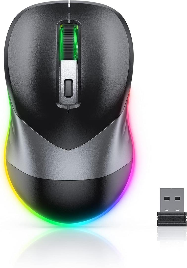 PEIOUS Wireless Mouse, Jiggler Mouse for Laptop - LED Mouse Rechargeable Computer Mice Mouse Mover Undetectable Random Movement with On/Off Button Keeps Computer Awake - Black & Grey