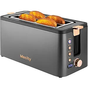 Mecity 4 Slice Toaster, Long Slot Toaster With Warming Rack, Timer, Bagel, Defrost, Reheat Functions, Crumb Tray, 6 Browning Settings, Extra Wide Long Slots, Stainless Steel, 1300W, Grey