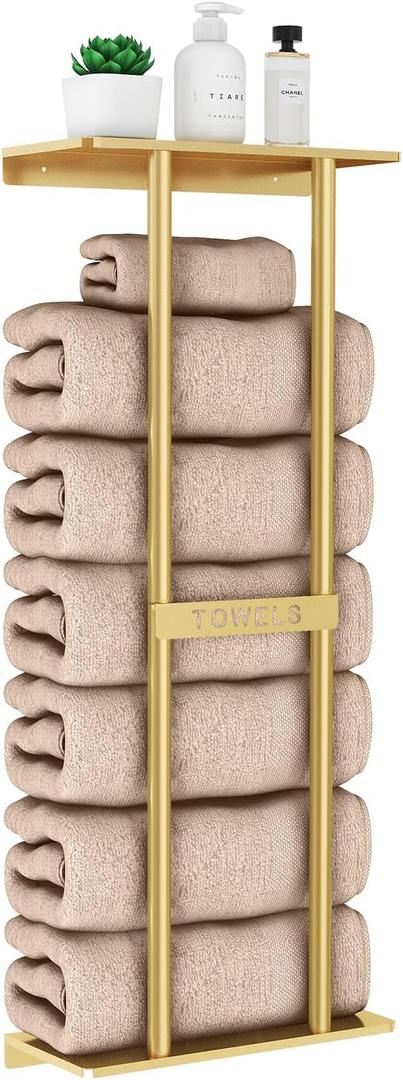STWWO Bathroom Towel Storage Rack for Bathroom, 30 inch Towel Racks Wall Mounted with Shelf Can Holds 6 Large Towels, Wall Towel Rack for Rolled Towels, Gold