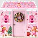 4Pcs Pink Gingerbread House Door Banner Decorations Christmas Gingerbread Man Front Door Banner Cute Peppermint Candy Cane Backdrop Porch Sign for Classroom Office Home Garage Winter Holiday Decor