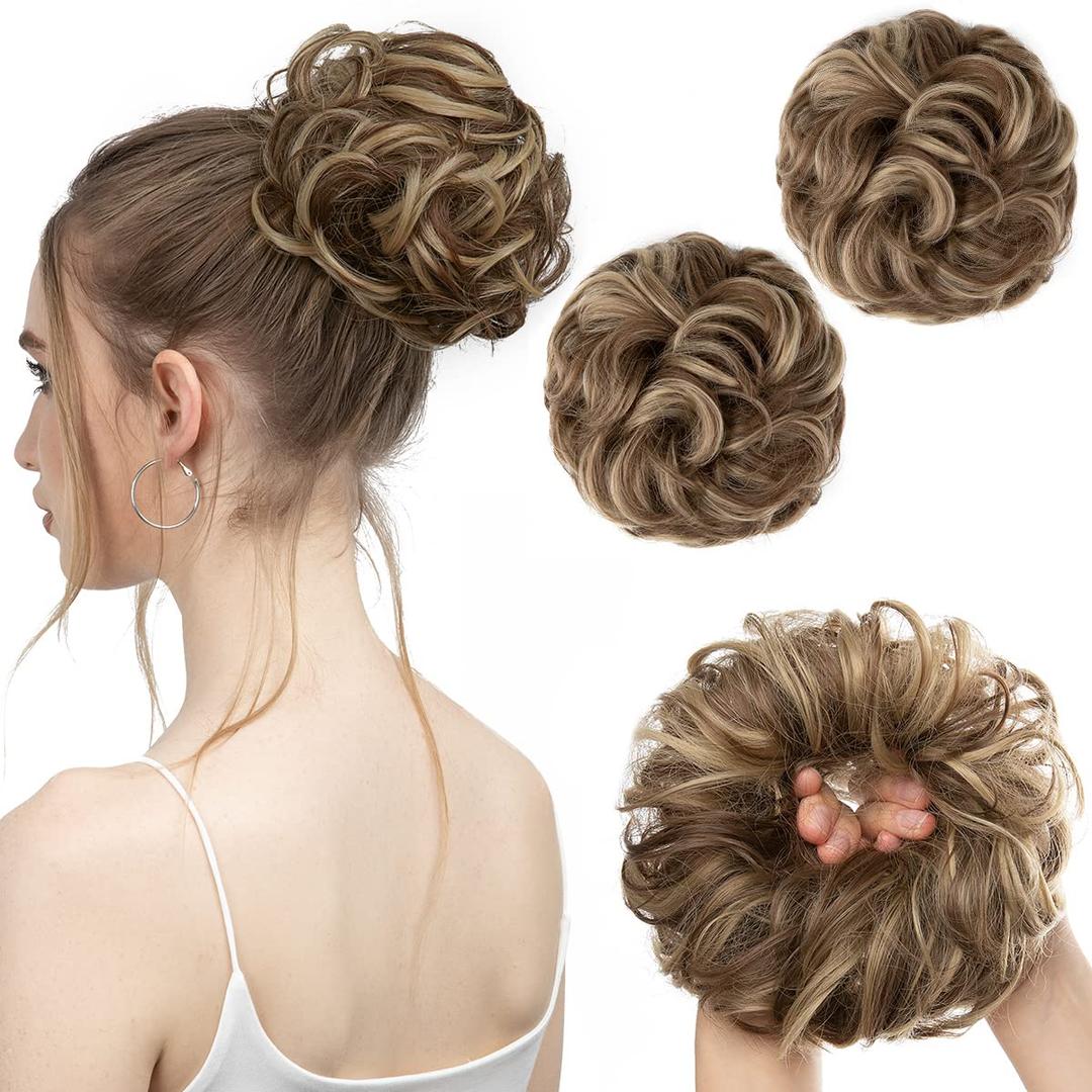 SARLA 2PCS Messy Hair Bun Hair Pieces Wavy Curly Synthetic Updo Fake Scrunchies Ponytail Extension for Women Brunette/Ash Blonde Highlight