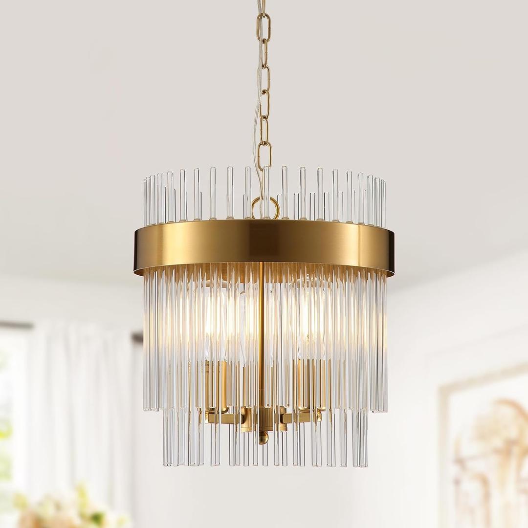 Dijiahua 3-Light Gold Pendant Lights Kitchen Island, 2-Tiers Crystal Pendant Light Fixtures Over Table, 12.6''Dia Brass Dining Room Glam Chandelier,Modern Adjustable Cord Hanging Lamp for Bedroom