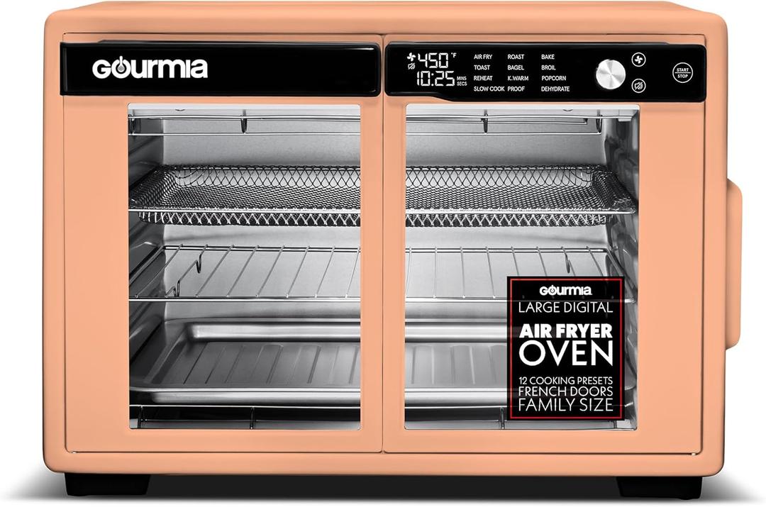 Gourmia French Door Air Fryer Oven - 37 Qt Large Capacity Convection Toaster Oven, FryForce 360, Digital Display, 12 Cooking Presets, Dehydrate, Fits 13 Pizza, Dishwasher-Safe, Peach