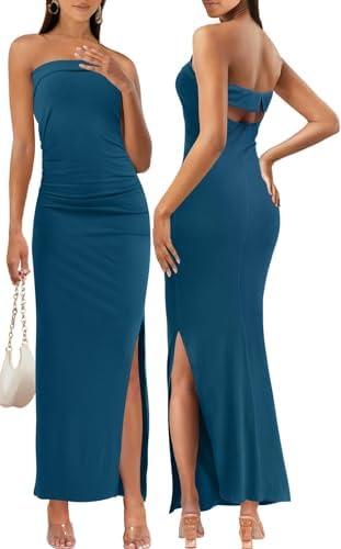 MEROKEETY Women's Strapless Bodycon Maxi Dress Sleeveless Backless Wedding Guest Cocktail Party Tube Dresses, Size XL