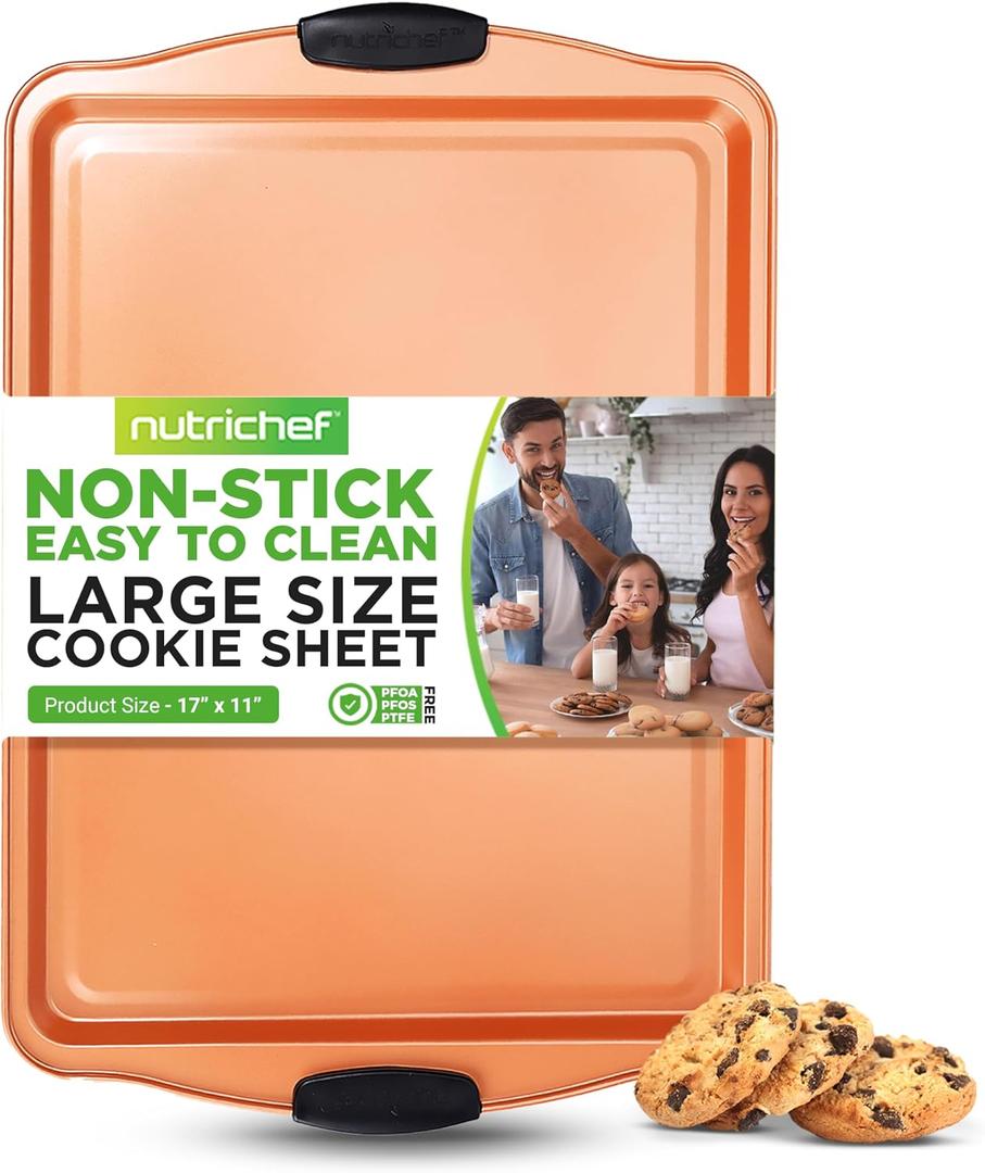 NutriChef Large Nonstick Cookie Sheet for Baking - 17" x 11" Carbon Steel Kitchen Oven Baking Pan, Premium Restaurant Grade Bakeware w/Black Silicone Handles - Easy to Clean, Copper