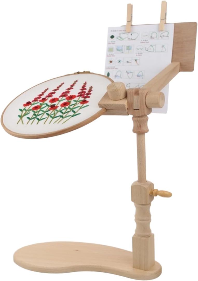 Beech Wood Embroidery Hoop Stand, Adjustable 360 Rotate Cross Stitch Needlepoint Stand Wooden Sitting Embroidery Hoop Frame