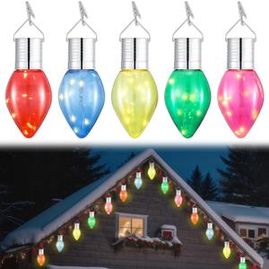 Aurelema 5 Pcs Christmas C9 Solar Light Bulbs Jumbo Hanging LED Light Bulb with Clip Waterproof Outdoor Garden Hanging Solar Lights for Christmas Tree Yard Fence Patio Party
