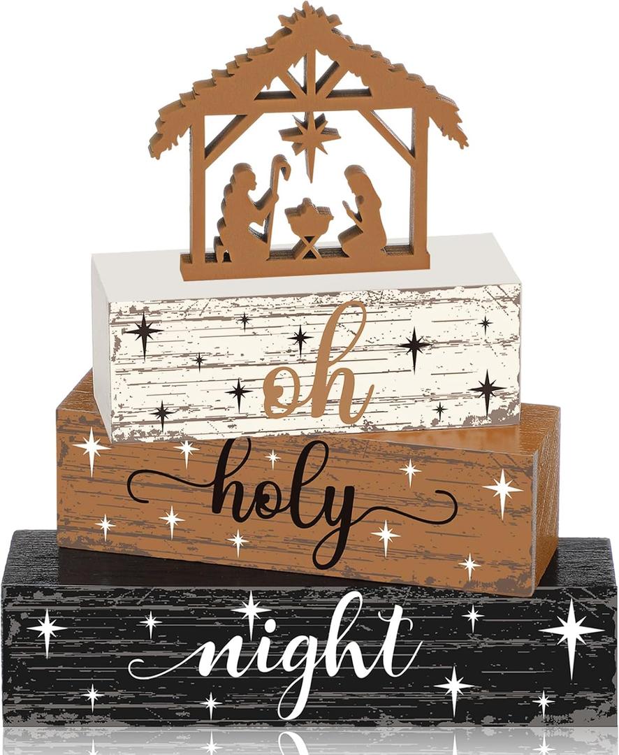 Geelin 4 Pieces Christmas Nativity Scene Table Decorations Xmas Wooden Silent Night Block Signs Holy Night Tabletop Centerpieces Farmhouse Tiered Tray Decor for Home Table Kitchen Shelf