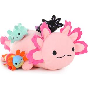 4 Giant Pink Axolotl Plushies, 24 inch Mommy with 3 Baby Axolotl Plushies in Tummy, Stuffed Animal Gifts for Kids Girls Boys