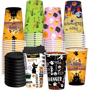 96 Pcs 48 Sets Halloween Disposable Coffee Cups 12oz Disposable Paper Cups with Lids,6 Halloween Styles for Coffee, Snacks, Hot and Cold Drinks, Trick or Treat Party Cosplay Party Decoration Supplies