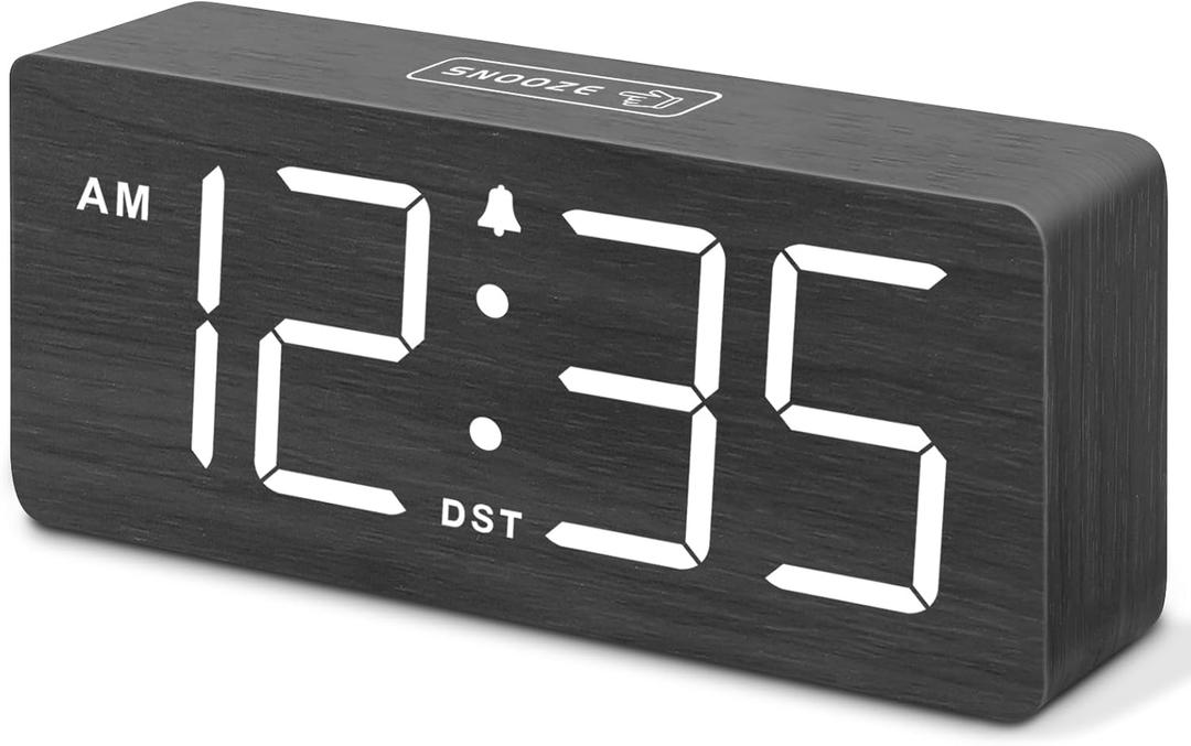DreamSky Wooden Digital Alarm Clock for Bedroom - Loud Alarm Clock for Heavy Sleepers with Volume Control, Desk Clocks for Living Room with Large Numbers, Dimmer, DST, Wood Decor (Plug in Clock)