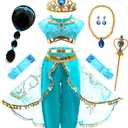 Arabian Princess Fancy Costume for Girls Halloween Dress Up (7 Years, Wig Blue Set)