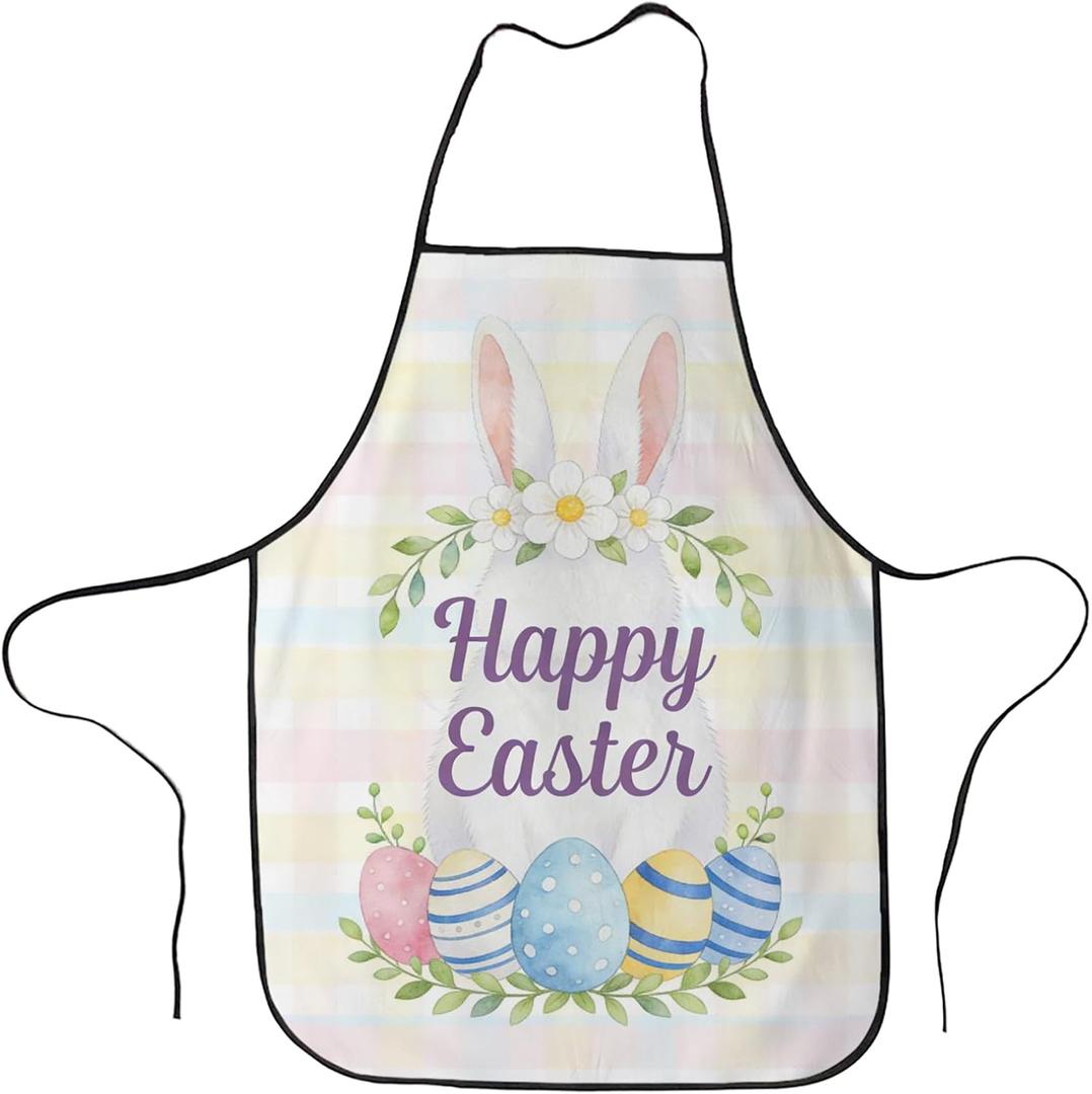 Happy Easter Apron For Men Women, Chef Waitress Kitchen Cooking Barber Server Grilling Bib Decorations (White Rabbit)
