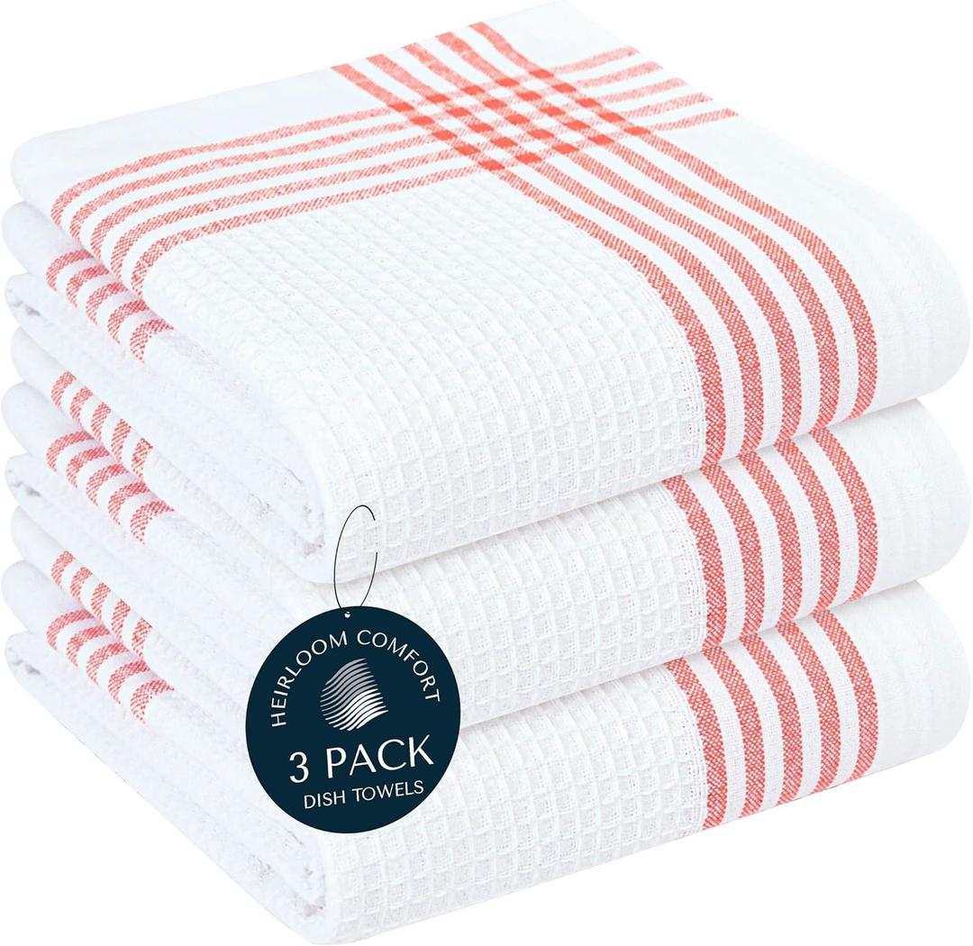 Red and White Waffle Weave Kitchen Towels 3 Pack, 16x26 Inch, Cotton Dish Towels with Hanging Loop, Quick Dry, Absorbent, Machine Washable, Durable for Kitchen & Cleaning