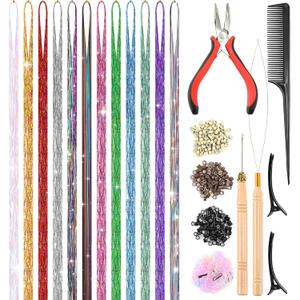 Leuceiy 12 Colors Hair Tinsel Kit, 48 Inch Hair Extensions With Tool, 3600 Strands Sparkling Dazzle Glitter Shiny Fairy Hair Heat Resistant for Girls Women Christmas New Year Festival Party