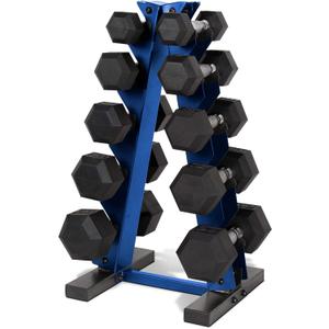 CAP 150 LB Rubber Coated Hex Dumbbell Hand Weight Set with Vertical Storage Rack - Chrome Handle | Blue Rack