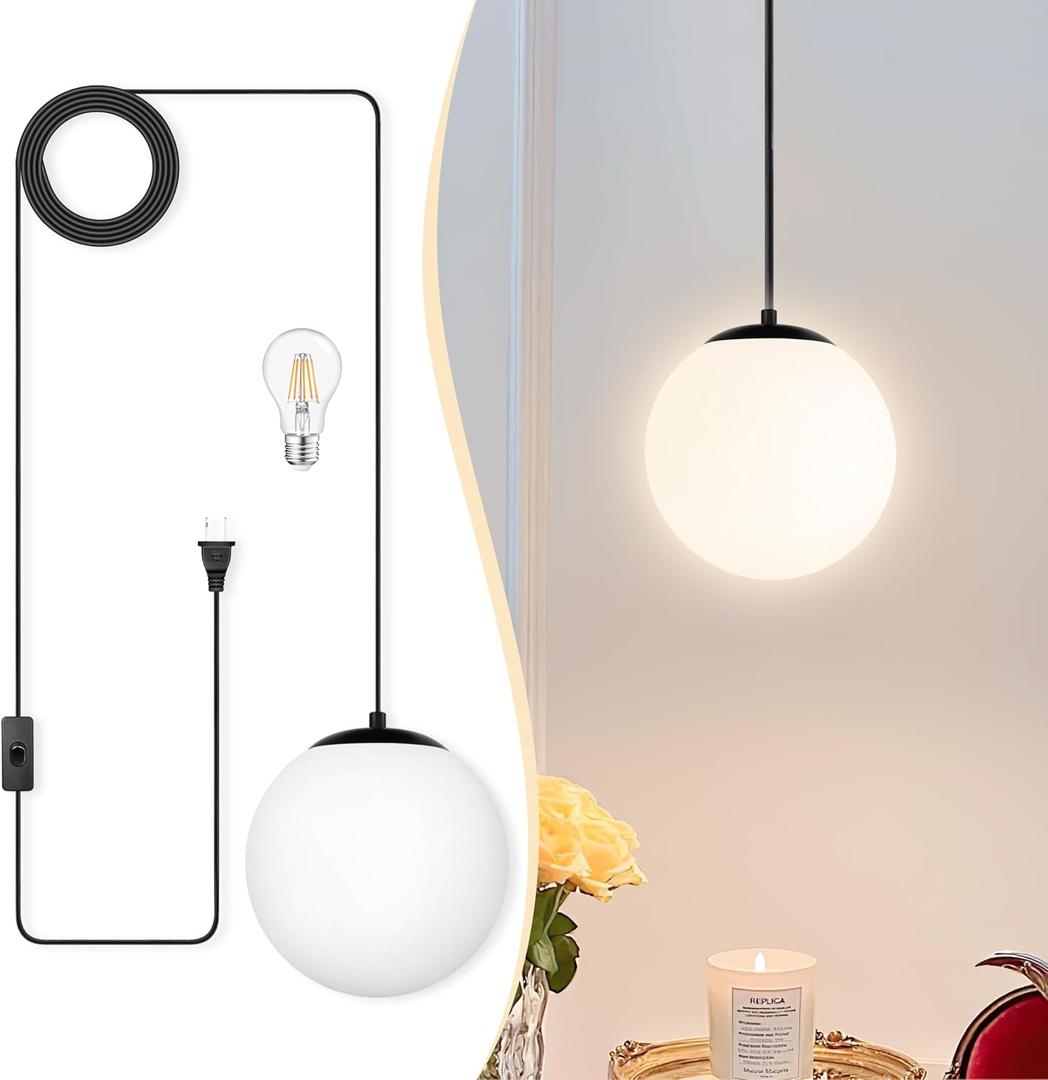 KoKo&Yukina 8" Globe Pendant Light Black Plug in Pendant Light Adjustable Hanging Lights with Plug in Cord Matte Black Finished with Milk Glass Lampshade for Bedroom Kitchen IslandBulb Included