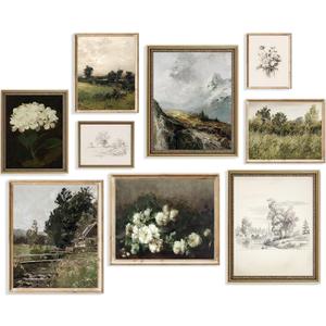 Vintage Wall Art French Country Wall Decor, Vintage Posters for Room Aesthetic Picture, Dark Green Antique European Landscape Flower Meadow Gallery Canvas Art Prints Painting for Bedroom Living Room,
