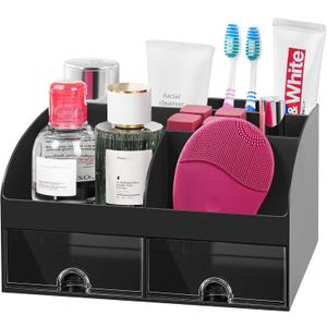 VITVITI Toothbrush Holders for Bathrooms Countertop, 5 Slots Toothpaste Bathroom Counter Sink Organizer with Drawers, Plastic Bathroom Organizer for Vanity/Makeup/Office Black