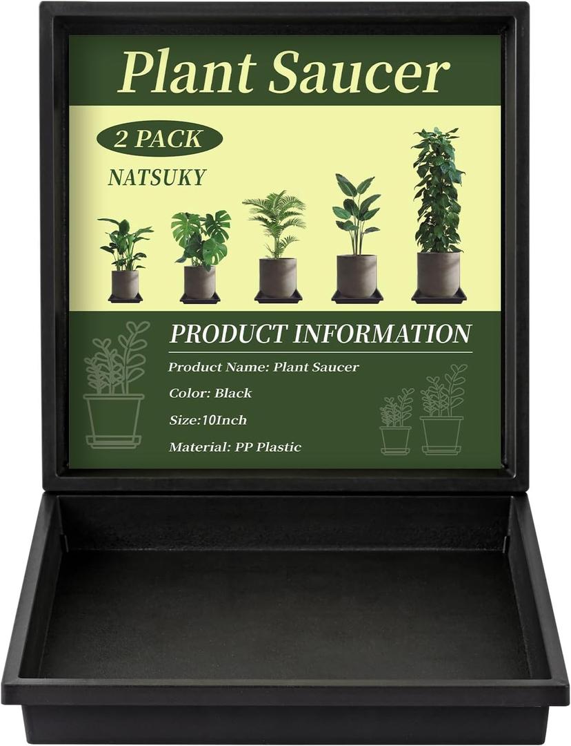 NATSUKY Square Plant Saucer 10 Inch 2 Pack, 8 10 12 14 Inch Plant Trays for Indoors Heavy Duty Plastic Flower Plants Saucers for Pots Outdoors No Holes Drip