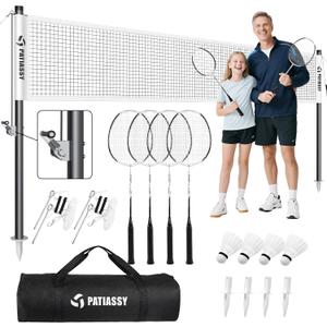 Professional Badminton Set with Carbon Fiber Badminton Rackets Set of 4, Outdoor Portable Badminton Net with Anti-Sag Winch System, 4 Nylon Badminton Shuttlecocks and Bag, 20ft Net