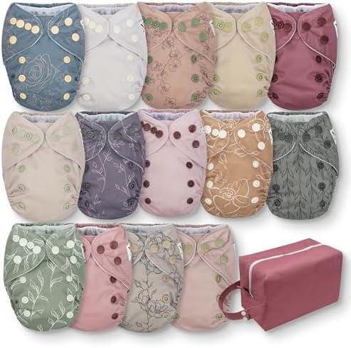 Nora's Nursery Newborn All-in-One Cloth Diaper 14-Pack with Diaper Pod for Clean Storage - Waterproof, Washable, Reusable, and Adjustable for Babies Under 12lbs - Blushing Blooms