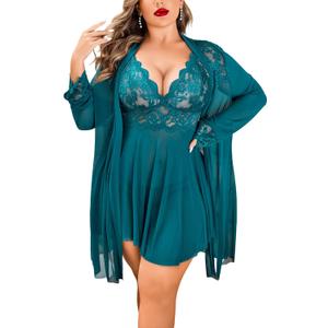Avidlove Plus Size Lingerie Sexy Lingerie Set Women's Exotic Nightgowns Lace Chemise Lingerie Side Slit Nightdress (XX-Large, Blue Green)