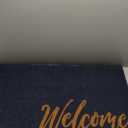 mDesign Non-Slip Rectangular Coir and Rubber Entryway Welcome Doormat with Natural Fibers for Indoor or Outdoor Use - Decorative Script Design - Navy Blue/Natural