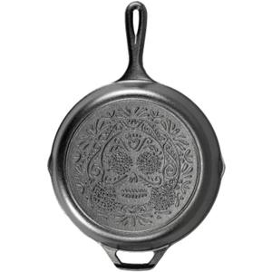 Lodge 10.25 Inch Pre-Seasoned Cast Iron Stamped Skillet - Signature Teardrop Handle - Use in the Oven, on the Stove, on the Grill, or Over a Campfire - Sugar Skull