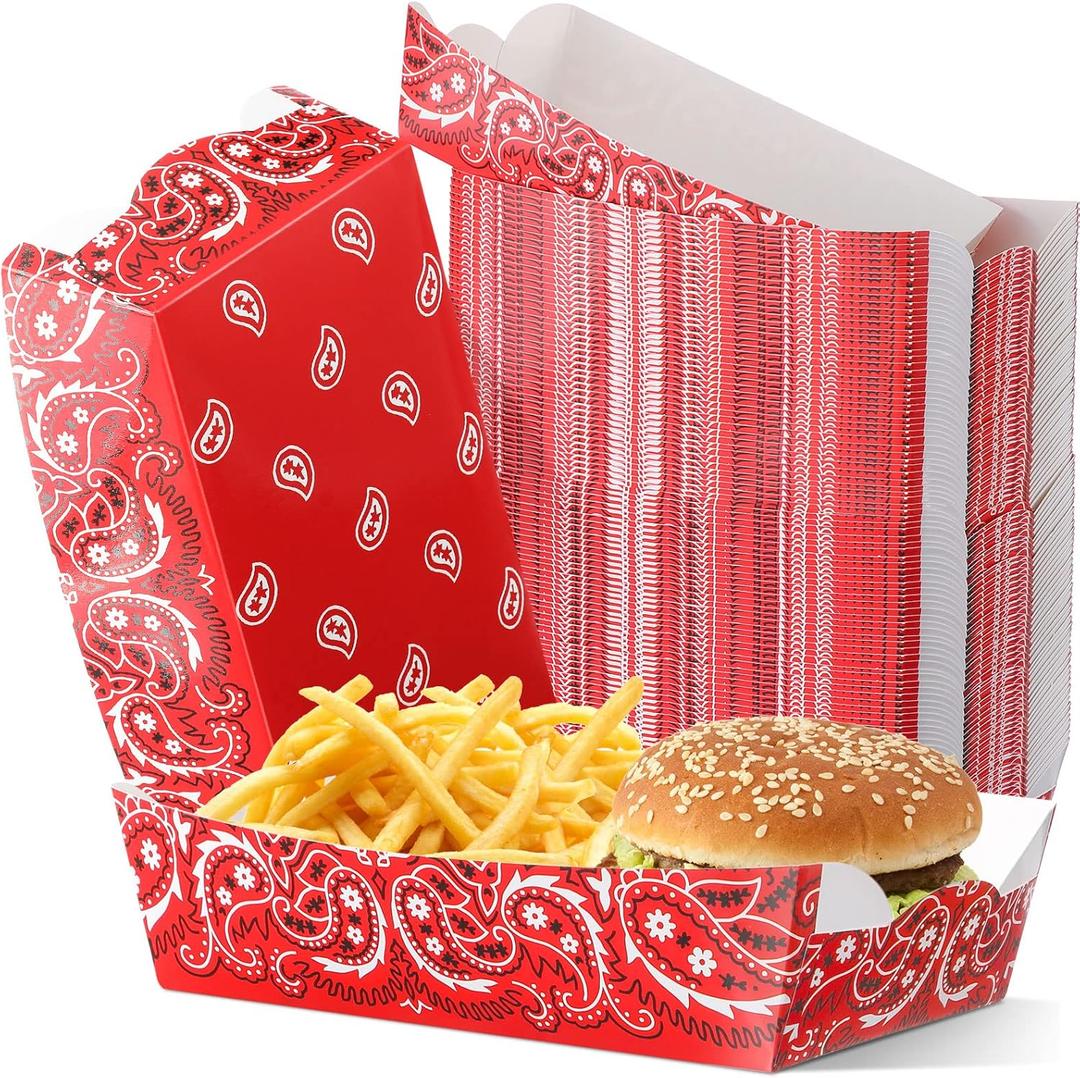 Remerry 100 Pieces Cowboy Paper Food Trays Party Supplies Western Paisley Snack Candy Holder Disposable Serving Trays for Cowboy Party Decorations Food (Red)