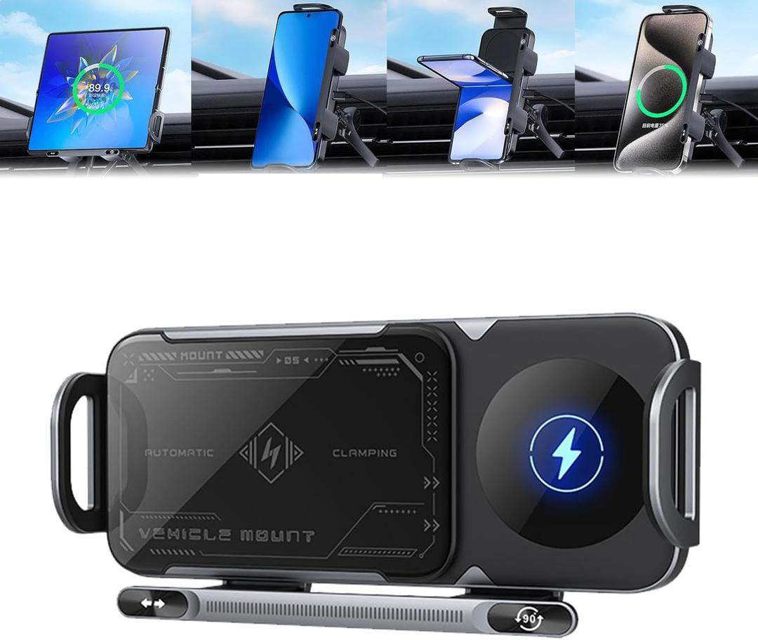 High Intelligent Wireless Car Charger Phone Holder, 15W Fast Charging, Auto Rotating, Compatible with Foldable Phones (Gray)