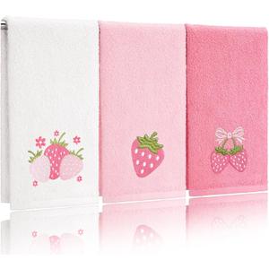 Tingjoo 3 Pcs Strawberry Hand Towels 14x29 Inch Spring Summer Bathroom Decor Farmhouse Pink Strawberry Cotton Embroidered Soft Absorbent Bathroom Decor Towels for Kitchen