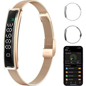 Smart Bracelet, Activity&Fitness Trackers, Touch Screen/Sleep Tracker/Heart Rate/Blood Oxygen,5ATM Waterproof, Multiple Sports Modes, Free App for iOS Android (Steel Belt, Rose Gold)